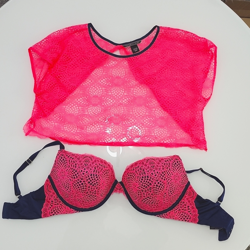 Victoria Secret BOTH top and bra neon pink & navy